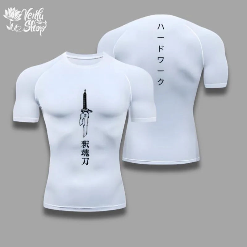 White t-shirt with black graphic design on a gray background